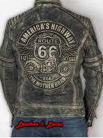 "Route 66" geaca usoara de motor, din piele naturala stonewash, de bovina, gri nisipos, emblema embossata